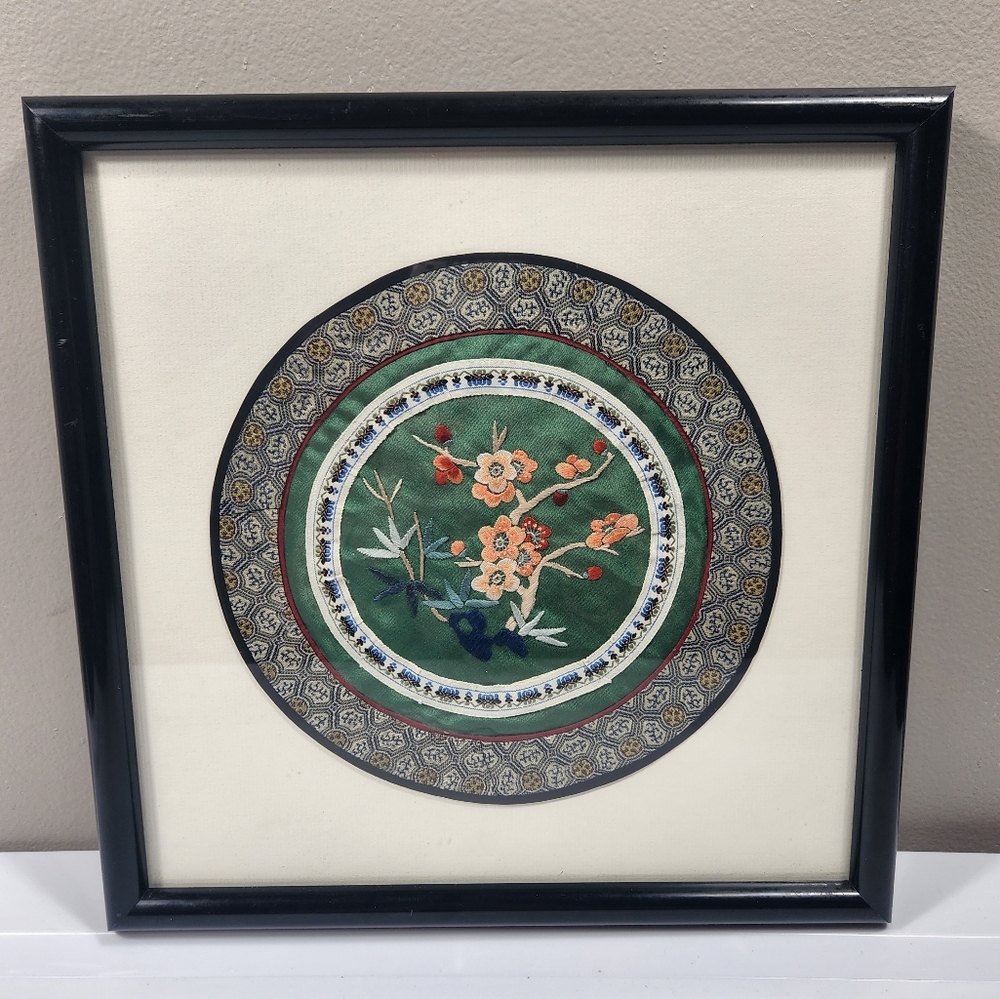 Vtg Chinese Silk Circle Embroidery Textile Framed Floral 12x12